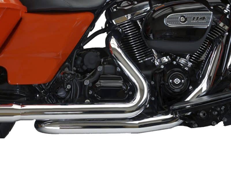 Vivid orange Harley-Davidson motorcycle engine with chrome exhaust pipes and black air filter cover showcasing Revelry Motorcycles.