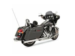 Black touring motorcycle with saddlebags and chrome exhaust pipes.