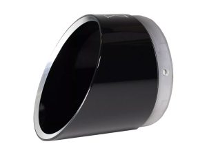 Black motorcycle exhaust muffler for Revelry Motorcycles, high-performance custom bike parts.