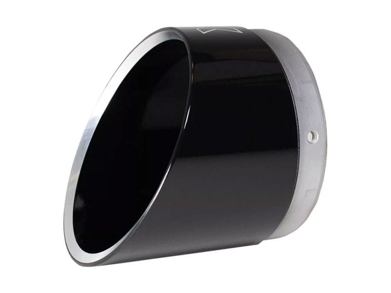 Black motorcycle exhaust muffler for Revelry Motorcycles, high-performance custom bike parts.