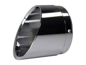 Shiny black and chrome motorcycle exhaust tip for Revelry Motorcycles.