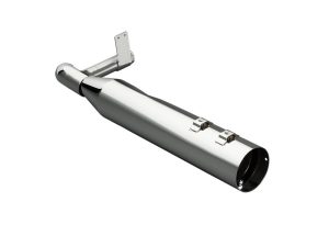 Chrome motorcycle exhaust pipe, compatible with Revelry motorcycles.
