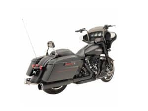 Harley-Davidson touring motorcycle with saddlebags and custom exhausts, ideal for long-distance cruising.