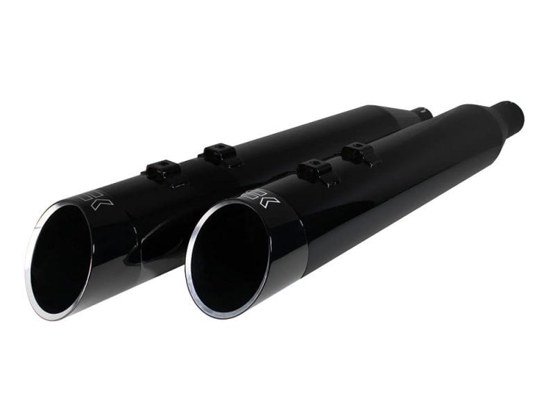 High-performance black motorcycle exhaust pipes, suitable for Revelry Motorcycles custom builds.