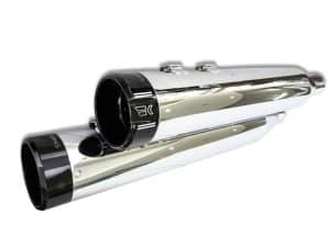 Chrome motorcycle exhaust pipe for Revelry Motorcycles, high-performance bike accessories.