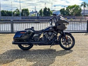V-Twin Harley-Davidson motorcycle parked by the waterfront in Brisbane.