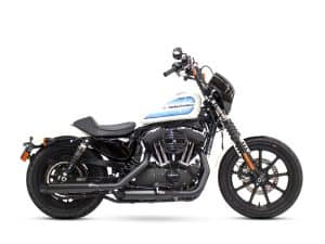 Harley Davidson motorcycle with retro styling, black and white paint, and custom features.