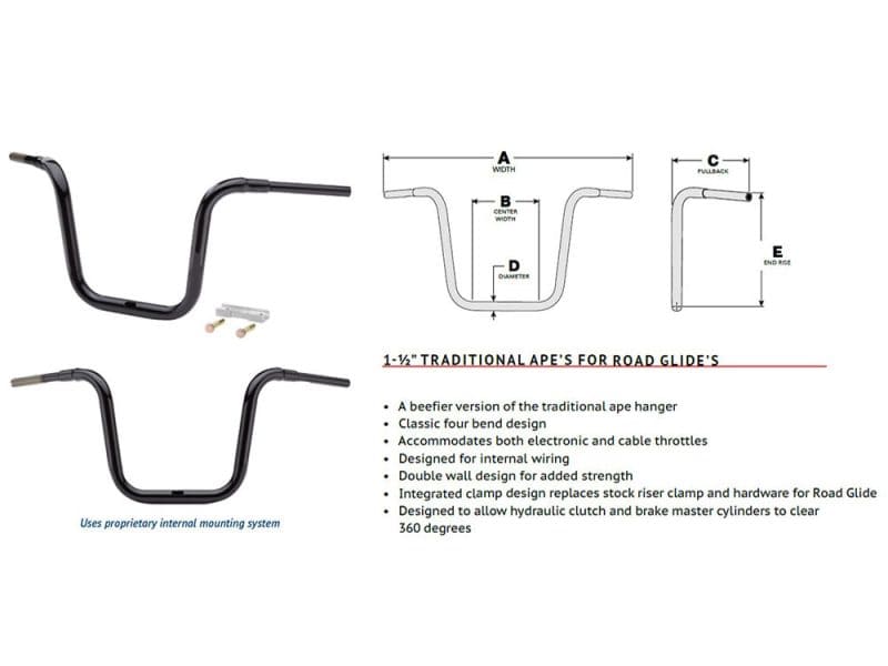Heavy-duty motorcycle handlebar suited for Road Glide bikes, black finish, internal wiring accommodated.