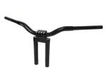 Black motorcycle handlebar with front suspension forks, suitable for custom bikes and cafes.