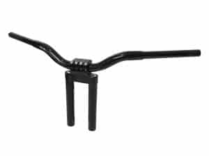Black motorcycle handlebar with front suspension forks, suitable for custom bikes and cafes.