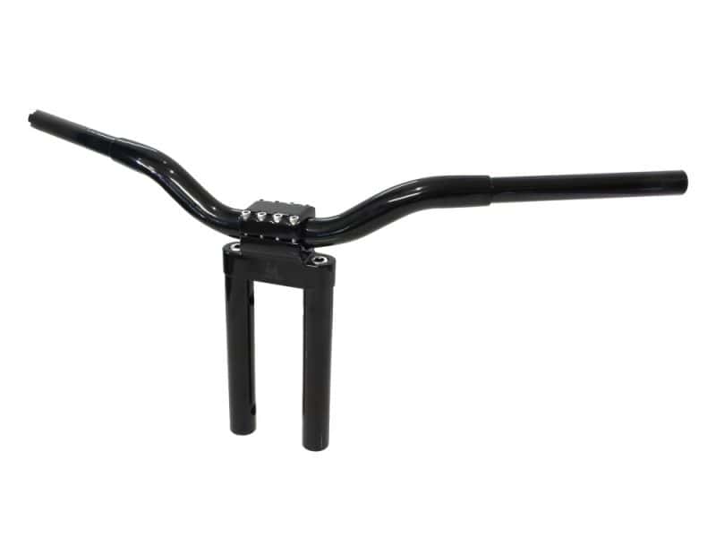 12in. x 1-1/4in. Straight Kage Fighter Handlebar - Gloss Black. Black motorcycle handlebar with front suspension forks, suitable for custom bikes and cafes.