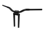 Black motorcycle handlebar with riser mount for custom bike builds.