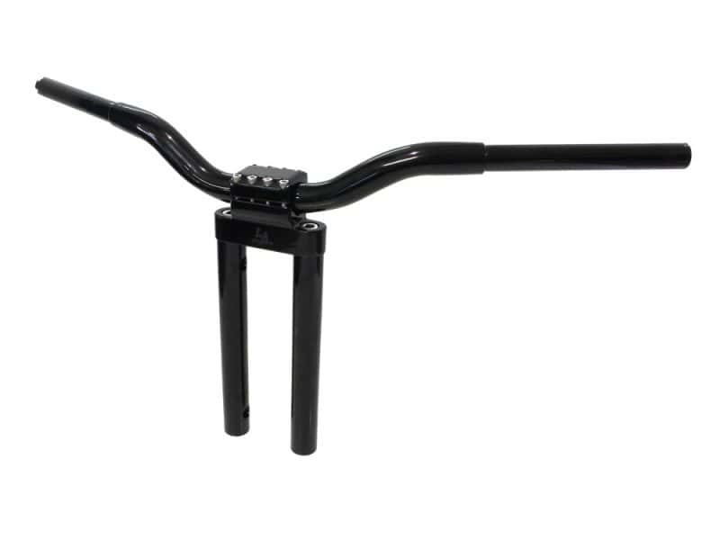 Black motorcycle handlebar with riser mount for custom bike builds.