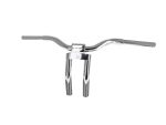 Chrome motorcycle handlebar with risers and comfortable grips for Revelry Motorcycles.