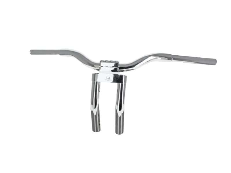 Chrome motorcycle handlebar with risers and comfortable grips for Revelry Motorcycles.