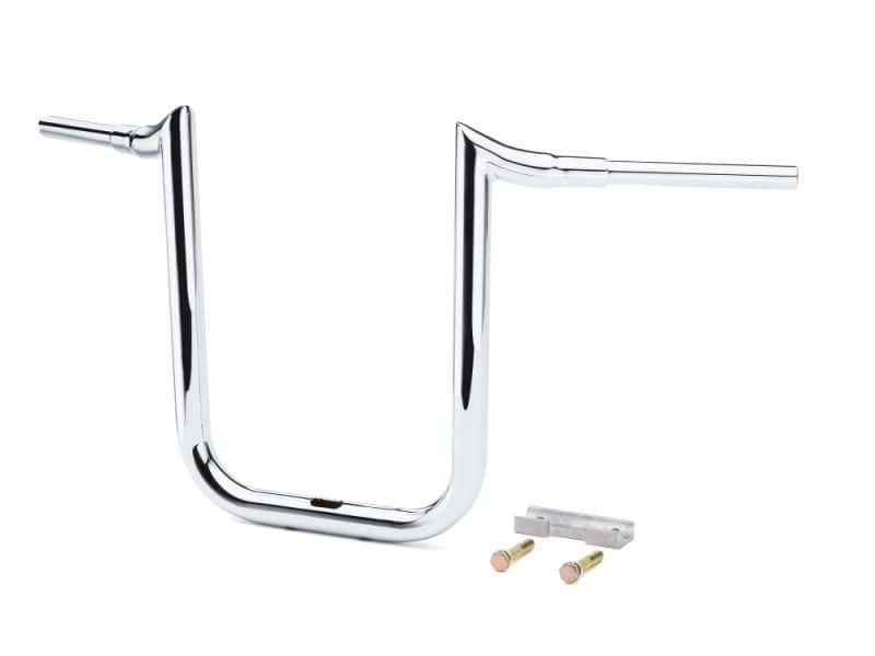 16in. x 1-1/2in. Grande Prime Ape Handlebar - Chrome. Fits Road Glide 2015-2023 & Road King Special 2017up Shiny chrome motorcycle handlebar with mounting hardware, ideal for custom Revelry motorcycles.