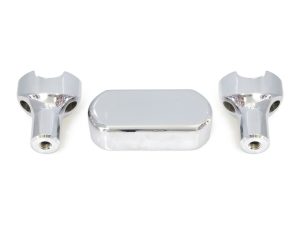 Shiny chrome motorcycle handlebar risers and tank cover set for custom Harley bikes.
