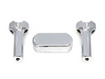 Chrome motorcycle handlebar risers and reservoir cover set for Revelry Motorcycles.