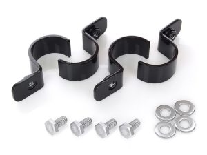 Heavy-duty motorcycle handlebar clamps with mounting hardware for bike security.