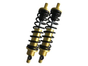 Yellow and black motorcycle suspension shocks designed for Revelry Motorcycles, high-performance parts for custom or cafe racer builds.