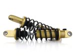 High-performance motorcycle shock absorber for Revelry Motorcycles, gold and black suspension component.
