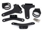 Black motorcycle handlebar and accessory mounting hardware for Revelry Motorcycles.