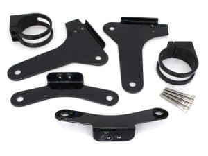 Black motorcycle handlebar and accessory mounting hardware for Revelry Motorcycles.