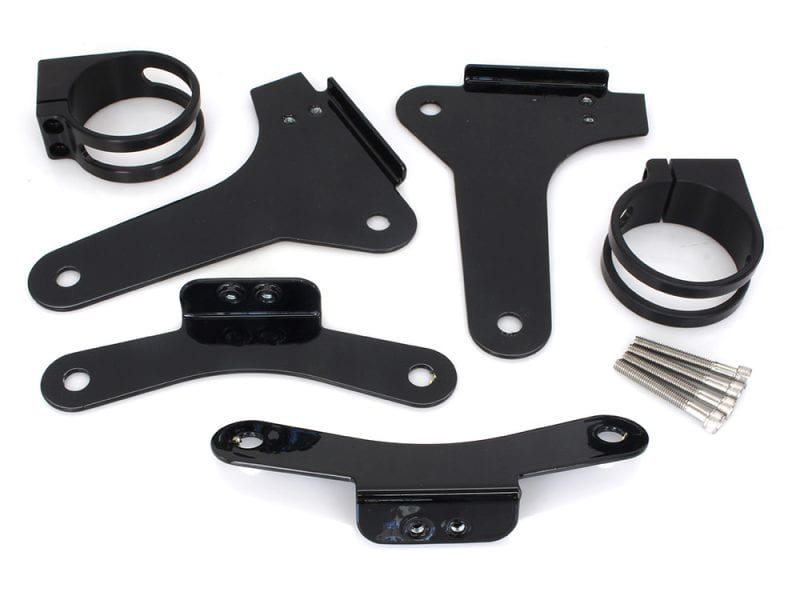 Black motorcycle handlebar and accessory mounting hardware for Revelry Motorcycles.