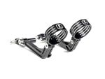 High-performance motorcycle foot pegs with sleek black design and chrome accents.