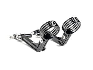 High-performance motorcycle foot pegs with sleek black design and chrome accents.