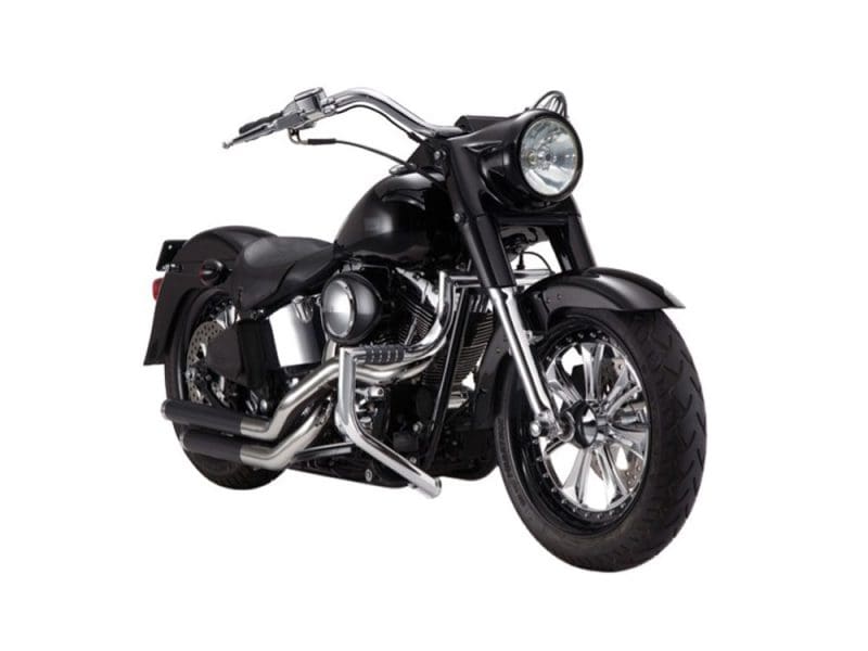 Sleek black cruiser motorcycle with chrome accents and large front headlight for stylish cruising.