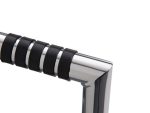 High-quality chrome motorcycle handlebar with black rubber grips for rugged riding.