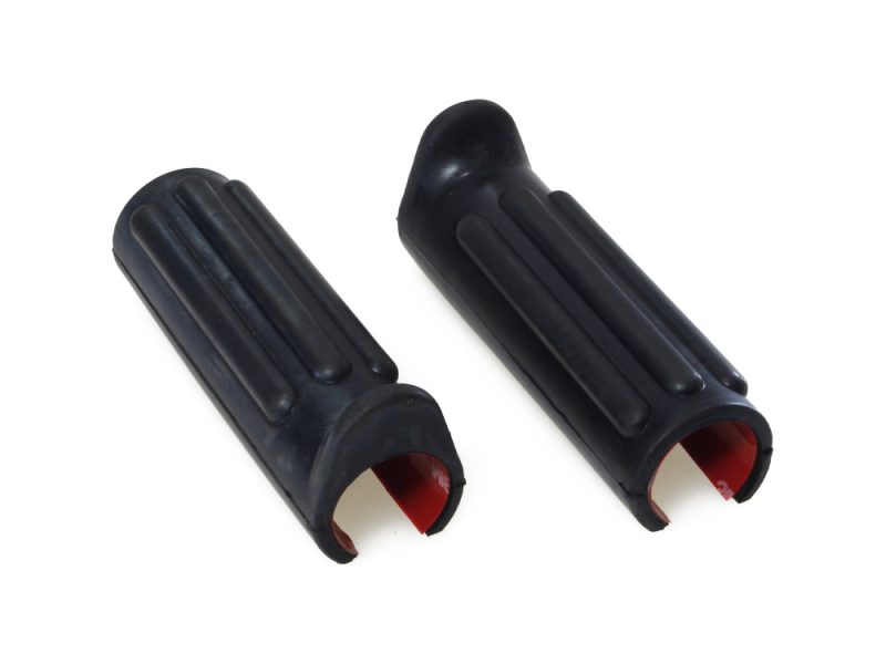 Rubber motorcycle handlebar grips for Revelry Motorcycles, black with red inner lining.