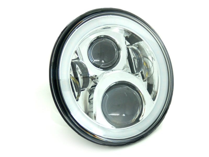 7in. LED HeadLight Insert with Halo - Chrome. Fts H-D Bright LED motorcycle headlight with high-performance optics for Revelry Motorcycles.