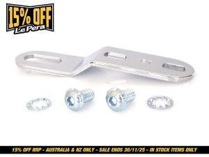 Aluminium motorcycle mounting bracket with screws and washers for Revelry Motorcycles.