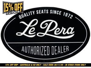 Le Pera motorcycle seat logo sign, vintage style, black and white, authorised dealer, Harley Davidson accessories.