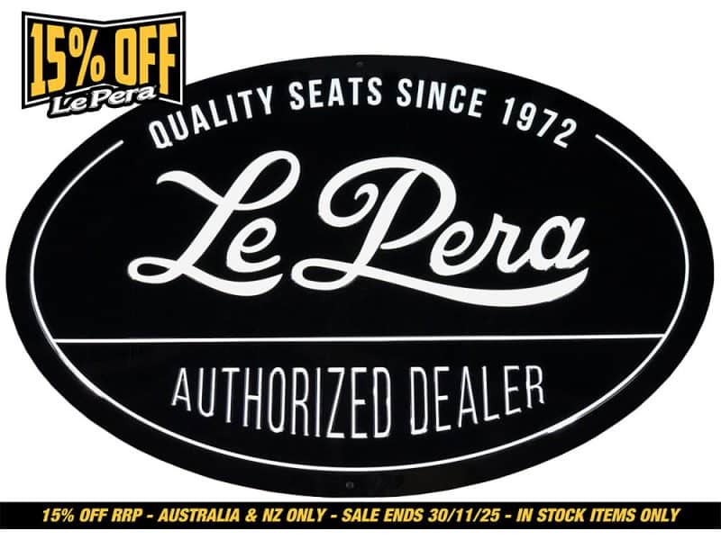 Le Pera motorcycle seat logo sign, vintage style, black and white, authorised dealer, Harley Davidson accessories.