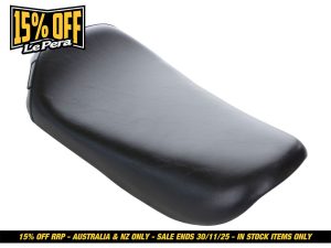 Black motorcycle seat for Revelry Motorcycles, Australia.