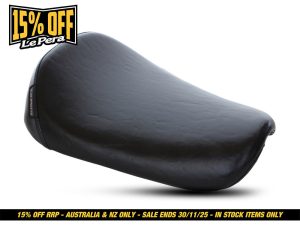 Black motorcycle seat for Revelry Motorcycles, premium comfort, durable leather, custom fit.