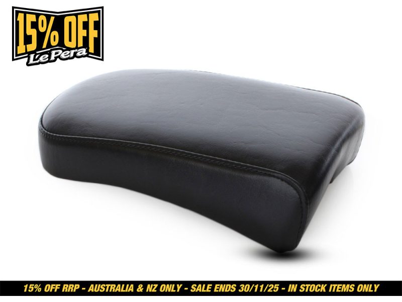 Black motorcycle seat pad for Harley Davidson or custom bikes, premium leather, comfortable riding accessory.