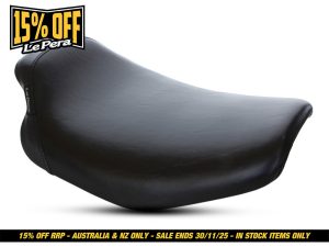 Leather motorcycle seat for Harley Davidson, custom comfort aftermarket part for Revelry Motorcycles.