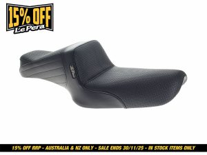 Premium motorcycle seat with black textured material for Harley Davidson bikes.