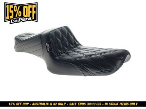 Black leather motorcycle seat with quilted stitching, designed for Revelry Motorcycles enthusiasts.