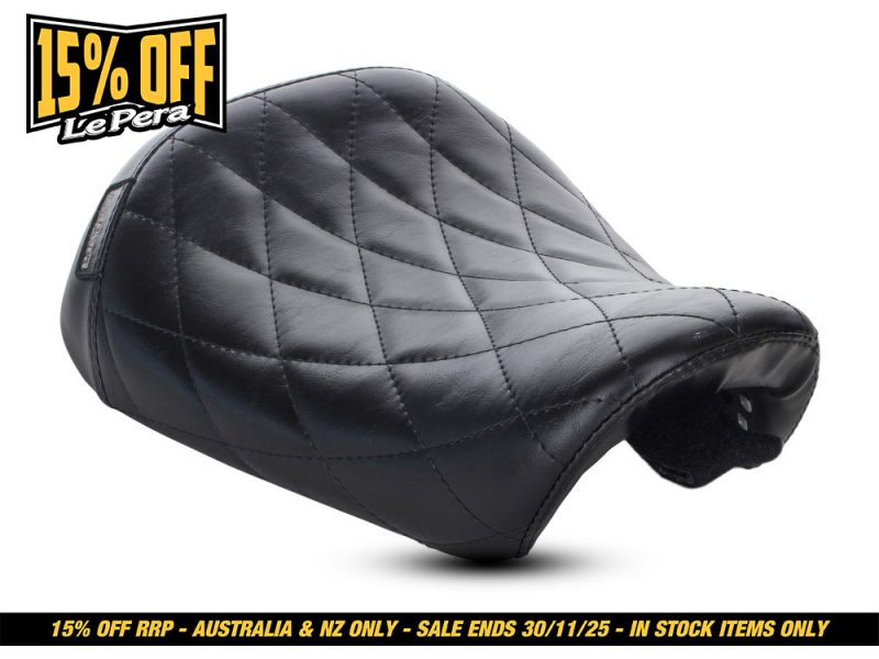 Black quilted motorcycle seat for Revelry Motorcycles, premium comfort accessories, Australian bike gear.