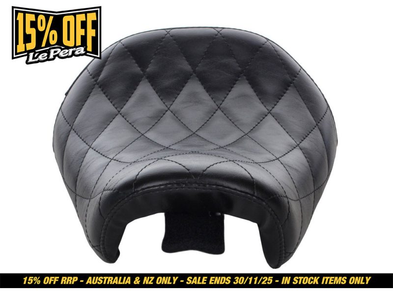 Black quilted motorbike seat with chrome detailing for Revelry Motorcycles.