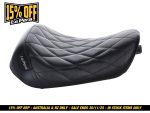 Leather motorcycle seat for Revelry Cycles, black quilted design, customised comfort for bikers.