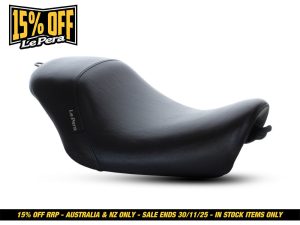 Black leather motorcycle seat for Revelry Motorcycles with customised comfort.