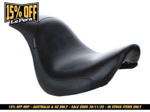 Vintage black motorbike seat for Revelry Motorcycles, stylish and durable for custom bike builds.