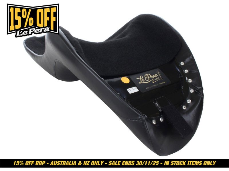 Motorcycle passenger seat with Le Pera branding for Revelry Motorcycles.