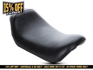 Comfortable black motorcycle seat for Revelry Motorcycles, ideal for custom cruiser builds.